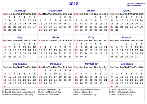Free 2018 Usa Printable Calendars With Holidays Printable Templates