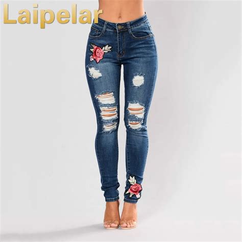 New Plus Size Blue High Waist Pencil Ripped Floral Hole Jeans Woman