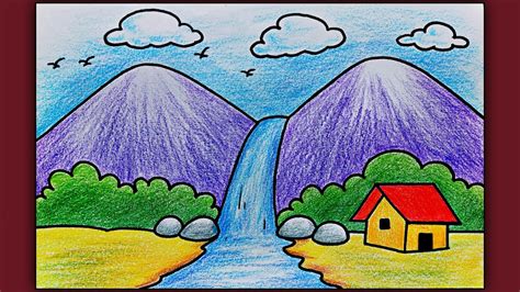 Simple Landscape Scenery Drawing For Beginners Easy Waterfall Scenery