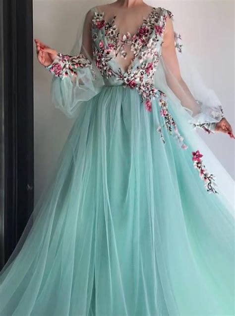 Princess Scoop Floral Appliques Long Puffy Sleeves Prom Dress Oki31 Okdresses