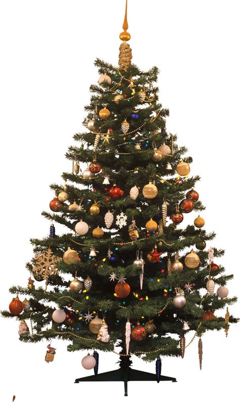 A Christmas Tree With Ornaments And Lights On It S Top In Front Of A