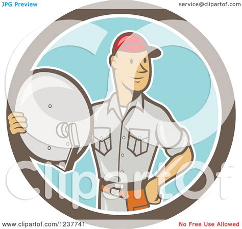 Clipart Of A Cartoon Satellite Tv Installer Man In A Circle Royalty