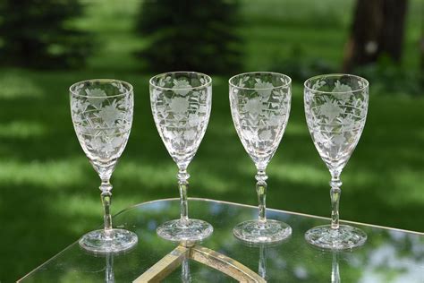 Vintage Etched Optic Wine Glasses Set Of 4 Floral Etched Wine Glasses