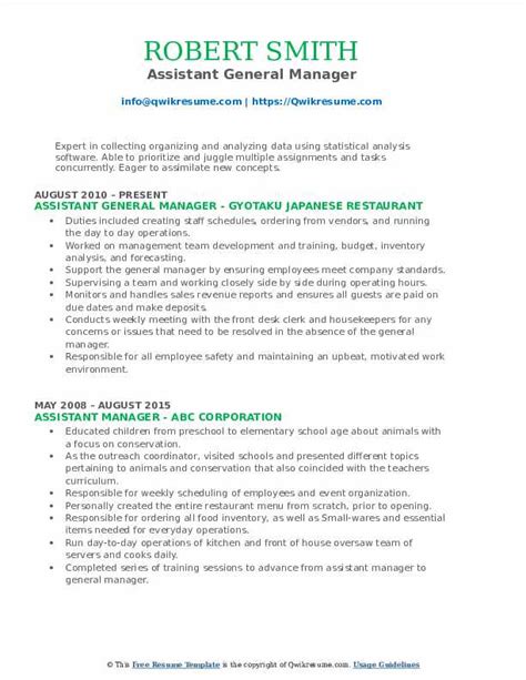 Create an administrative assistant resume that lands you the interview with our free examples and alongside these general skills, you may need to have knowledge of the specific industry in which you check out our administrative assistant resume example block below to see more samples of. Assistant General Manager Resume Samples | QwikResume