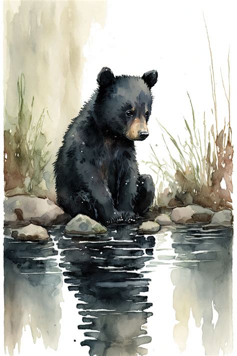 Black Bear Cub Water Color Painting Housewarming Gift Etsy Watercolor