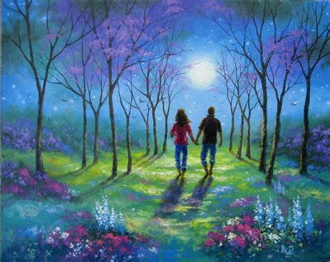 In Moonlight Original Oil Painting Lovers Walking Loving Couple