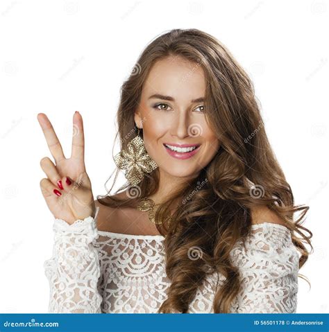 Young Smiling Brunette Woman Showing Victory Or Peace Sign Stock Photo