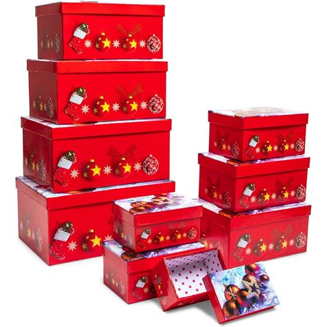 10 Pack Red Nesting Christmas T Boxes With Lids For Presents