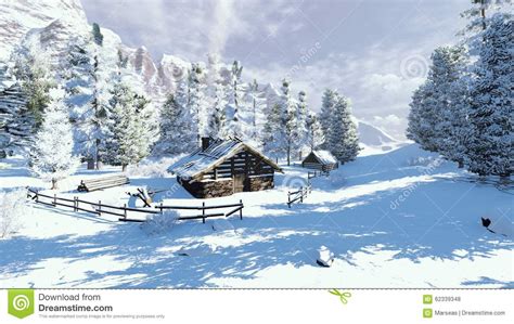 Cozy Little Cabin In A Snowy Mountains Stock Photo Image