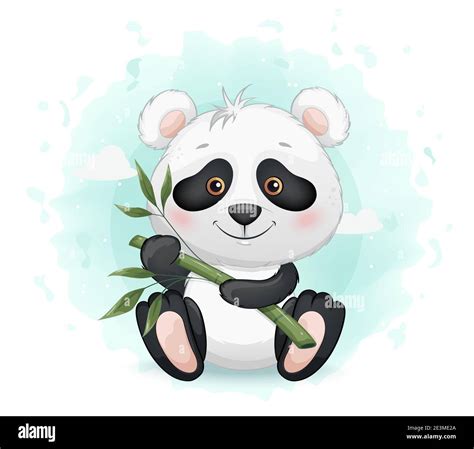 Stock Vector Cute Little Panda Holding Bamboo Funny Cartoon Character