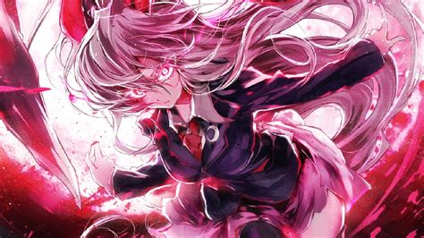 Wallpaper Ilustrasi Gadis Anime Berwarna Merah Muda Bunga