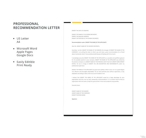 Free Professional Recommendation Letter Template In