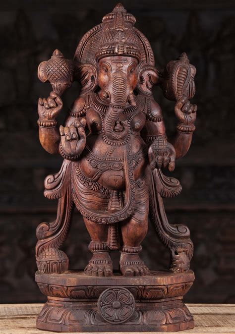 Sold Wood Standing Ganesha Sculpture 24 94w9ab Hindu Gods And Buddha