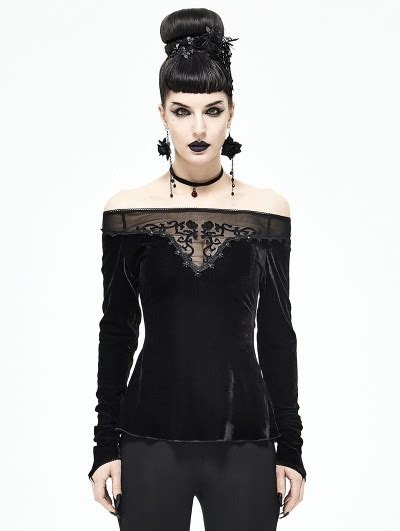 Devil Fashion Black Gothic Sexy Velvet Off The Shoulder Long Sleeve Top For Women