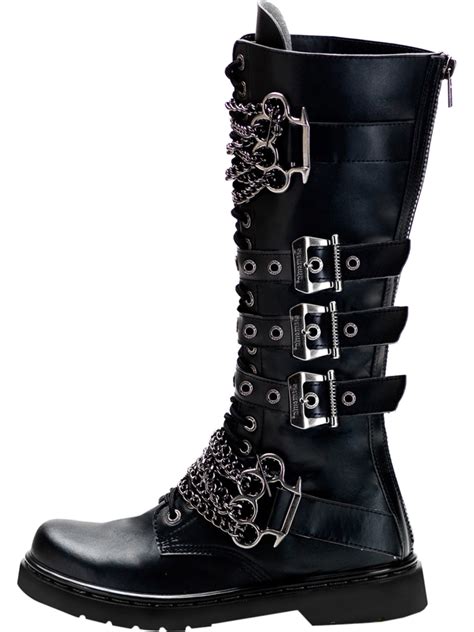 demonia mens knee high boots black shoes brass knuckles vegan combat boots 1 inch heel