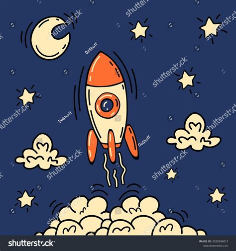 Cartoon Rocket Stars Moon Clouds Rocket Stock Vector Royalty Free