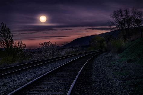 Landscape Photography Nature Moon Railway Night Moonlight Trees