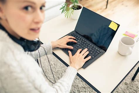 Woman Working From Home On Laptop Computer Stock Photo Image Of