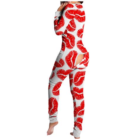 Onesies With Butt Flap For Adults Sexy Red Lips Print Sleepwear Romper