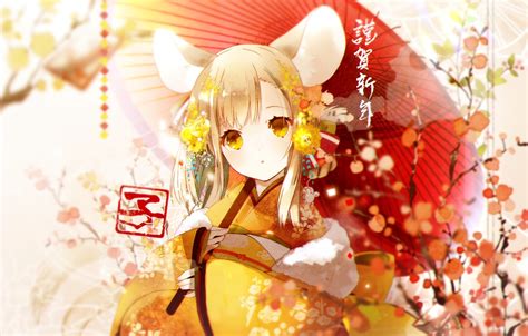 Animal Ears Blonde Hair Flowers Japanese Clothes Kimono Mousegirl