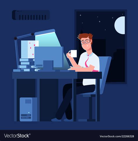 Work Late Concept Man At Night In Office Vector Image