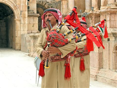Jordanian Folklore Band Playing Bagpipes In Jerash Jerash Jordans