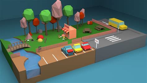 3d Model Camp Low Poly 3d Model Town With Trees And River Vr Ar Low