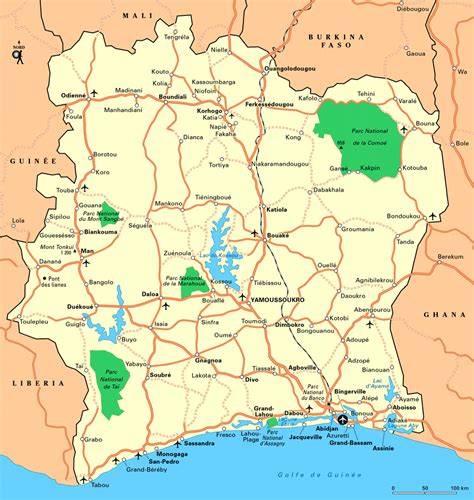 Detailed Map Of Cote Divoire With Roads Railroads Cities Airports