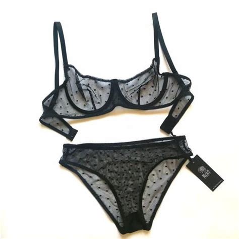 Sheer Black Dotted Mesh Lingerie Set Transparent Mesh Underwire Bra And See Through High Cut