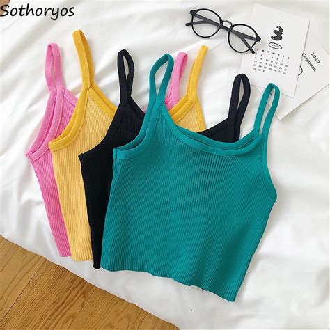 Camisoles Women Tanks Top Summer Sexy Knit Solid Spaghetti Strap Skinny Korean Style All Match