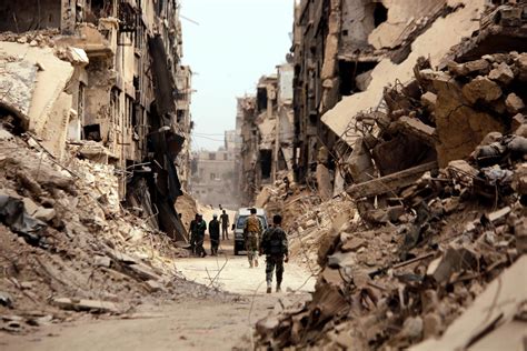 Damascus Syria Syrian Soldiers Walk Past Destroyed Buildings In