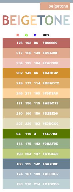 Beige Tones In Hex And RGB Color Combos