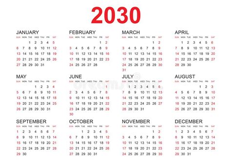 Kalender 2030 Sjabloonvector Eenvoudige Minimale Ontwerpplanner 2030