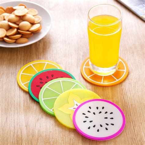 Dropshipping 6pcsset Fruit Coaster Colorful Silicone Tea Cup Drinks