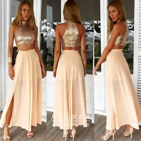 Gold Sequin Sheer Chiffon Two Piece Maxi Prom Dress Promfy