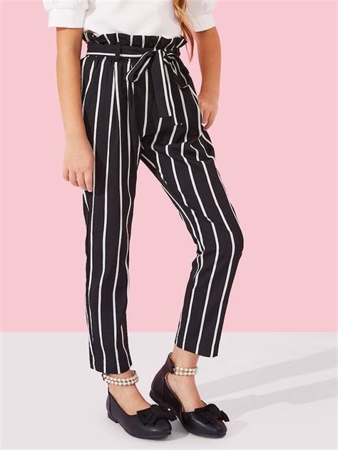 Girls Ruffle Waist Belted Striped Pants Sheinsheinside Girls Pants