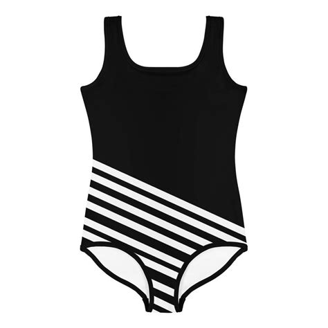 Black Diagonal Striped Girls Swimsuit Cute Kids White Stripes Bathing