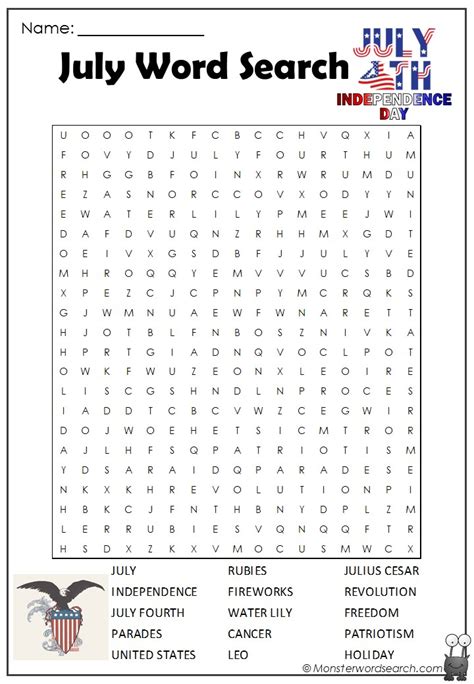 July Word Search Monster Word Search