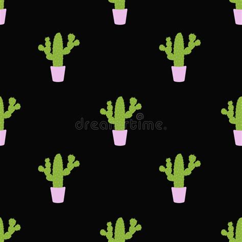 Seamless Pattern With Cute Cacti On A Black Background Vector Stock
