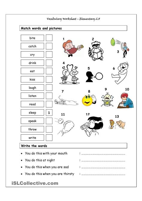 Vocabulary Matching Worksheet Elementary 28 Action Verbs 2