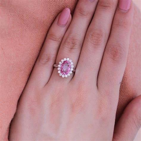 Natural Padparadscha Pink Sapphire Ring In 14k White Gold Diamond Band