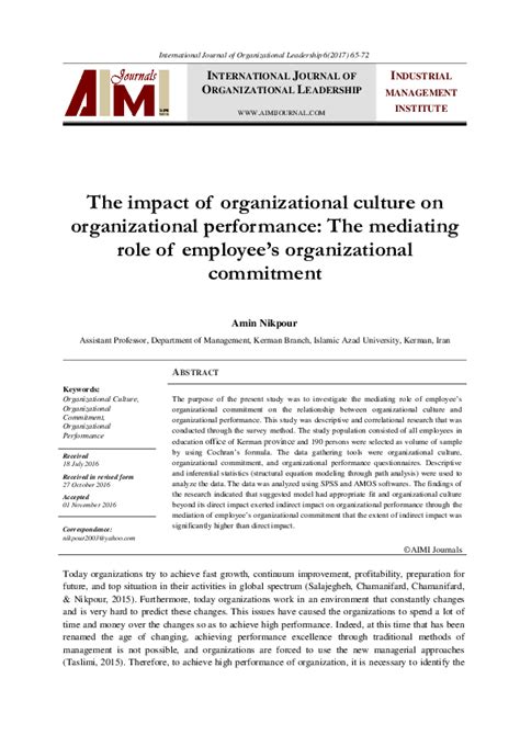 (PDF) The impact of organizational culture on organizational performance: The mediating role of ...