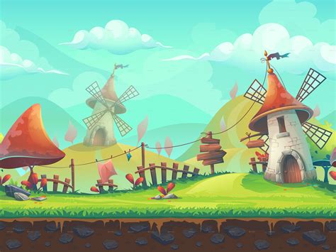 Seamless Cartoon Landscape With A Windmill Web Graphic Design