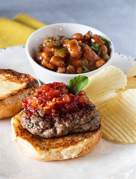 Ground Lamb Burgers With Mint Topped With Sweet Tomato Chutney