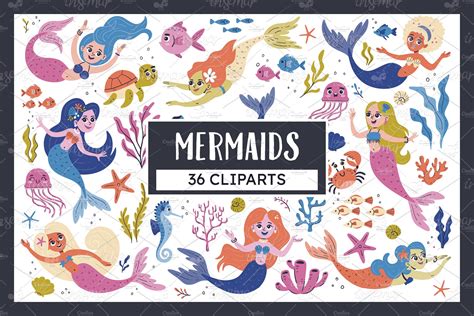 Mermaids And Sea Life Cliparts Creative Market