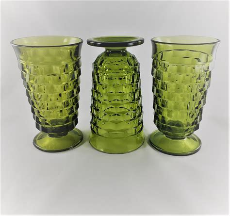 Set Of 3 Vintage Iced Tea Glasses Colony Glass Whitehall Green Avocado Pattern