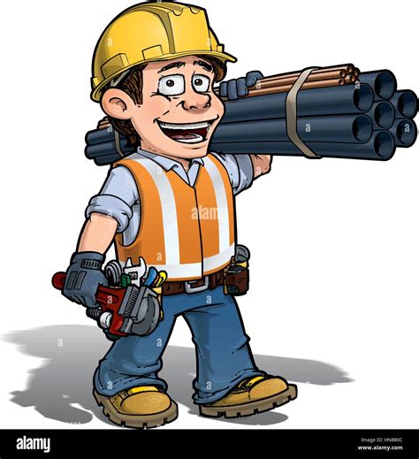 Cartoon Illustration Of A Construction Worker Plumber Carrying Pipes