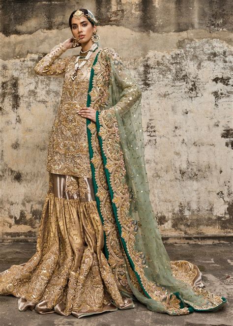 Latest Embroidered Gharara Dress For Wedding In Copper Gold Color B3397 Pakistani Bridal