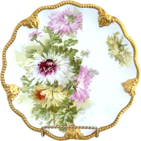Lanternier Limoges Plate Gold Rim Chrysanthemums Antique Porcelain