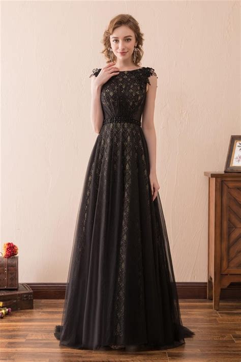elegant sleeveless black lace tulle long prom dress with belt blackdress lace evening dress